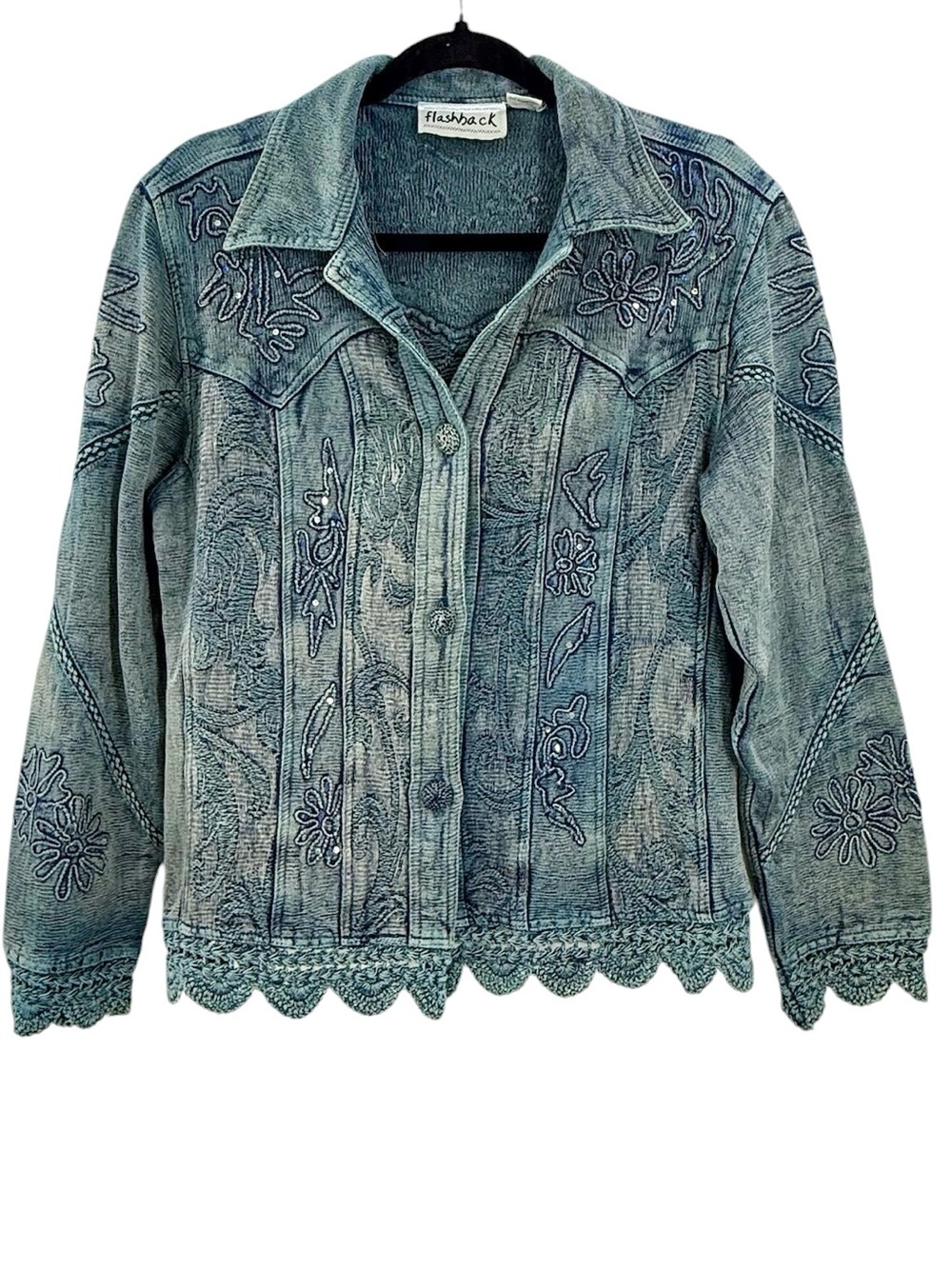 Vintage Y2K Flashback Embroidered Denim Jacket Lace Trim Petite Boho Western